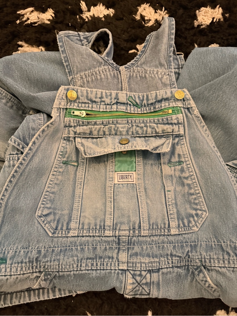 liberty Light Wash Denim Overalls with Green Trim